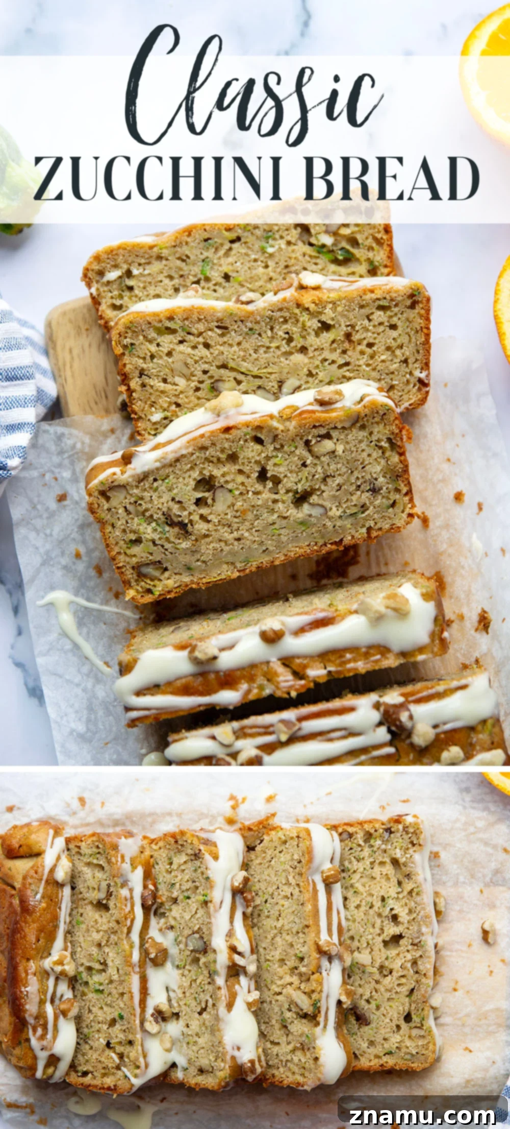 A top-down shot of a whole loaf of Zucchini Bread with Orange Cream Cheese Glaze on a white plate, with a knife and fork beside it.
