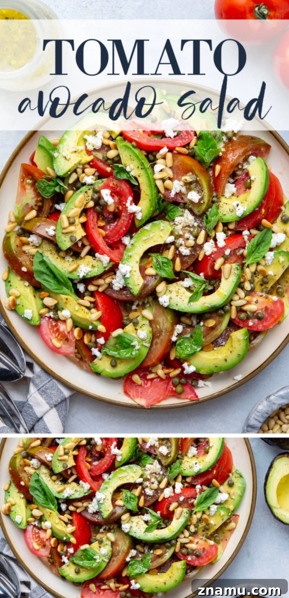 Vibrant Avocado Tomato Salad 7 An inviting overhead shot of the full Avocado Tomato Salad, showcasing its vibrant ingredients and fresh basil.