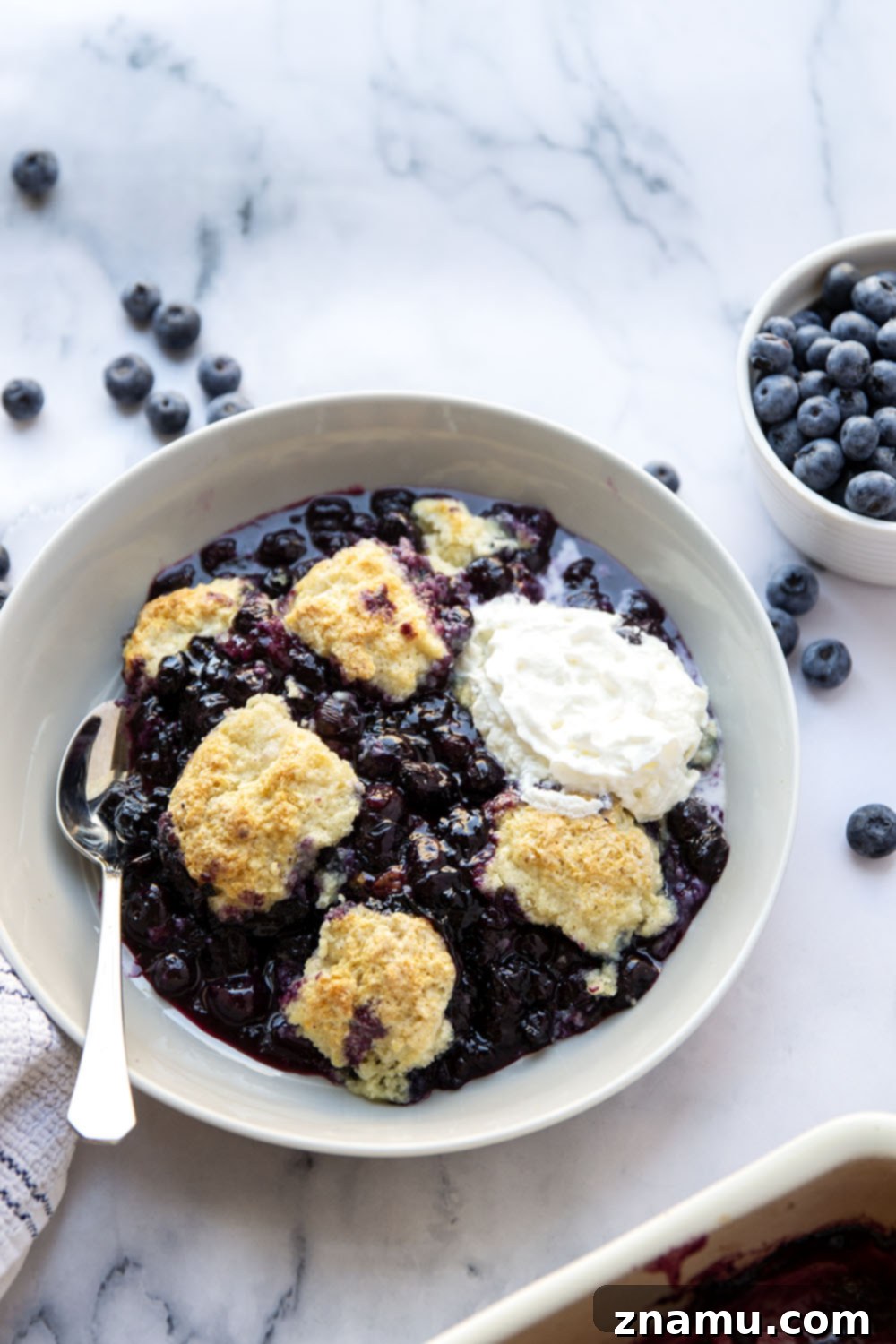 Ultimate Blueberry Cobbler 6 A bowl of the best blueberry cobbler, served warm with a scoop of vanilla ice cream, ready to be enjoyed.