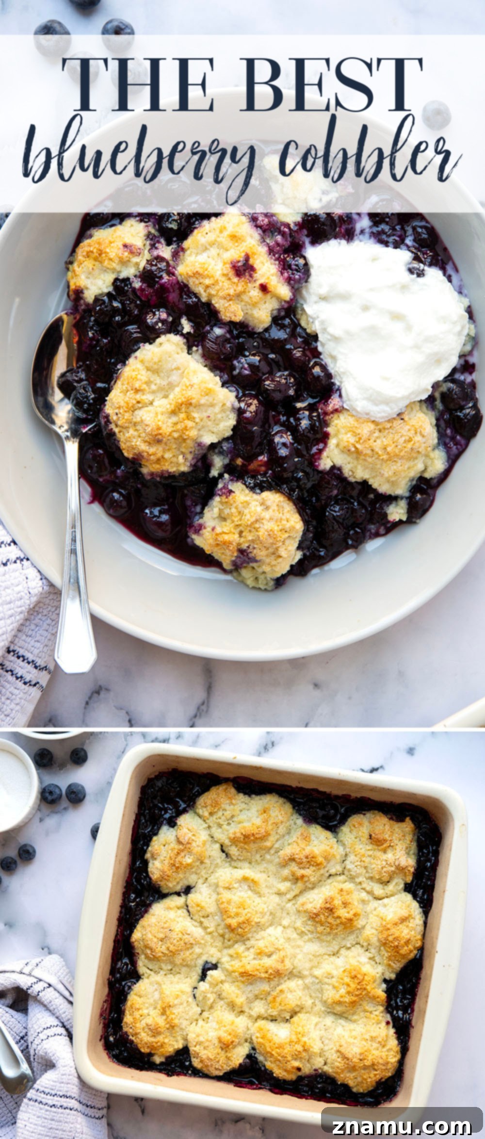 Ultimate Blueberry Cobbler 7 An overhead shot of a freshly baked blueberry cobbler, showcasing its irresistible texture and golden crust.