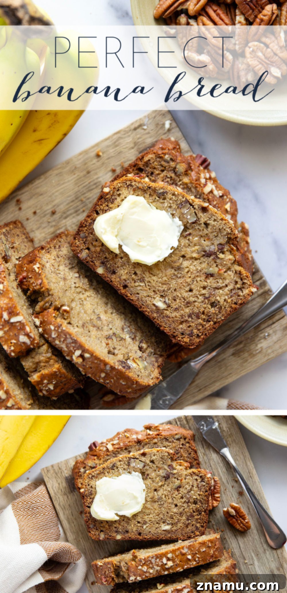 The Ultimate Banana Bread 7 A beautifully presented loaf of perfect banana bread, ready to be sliced and served.
