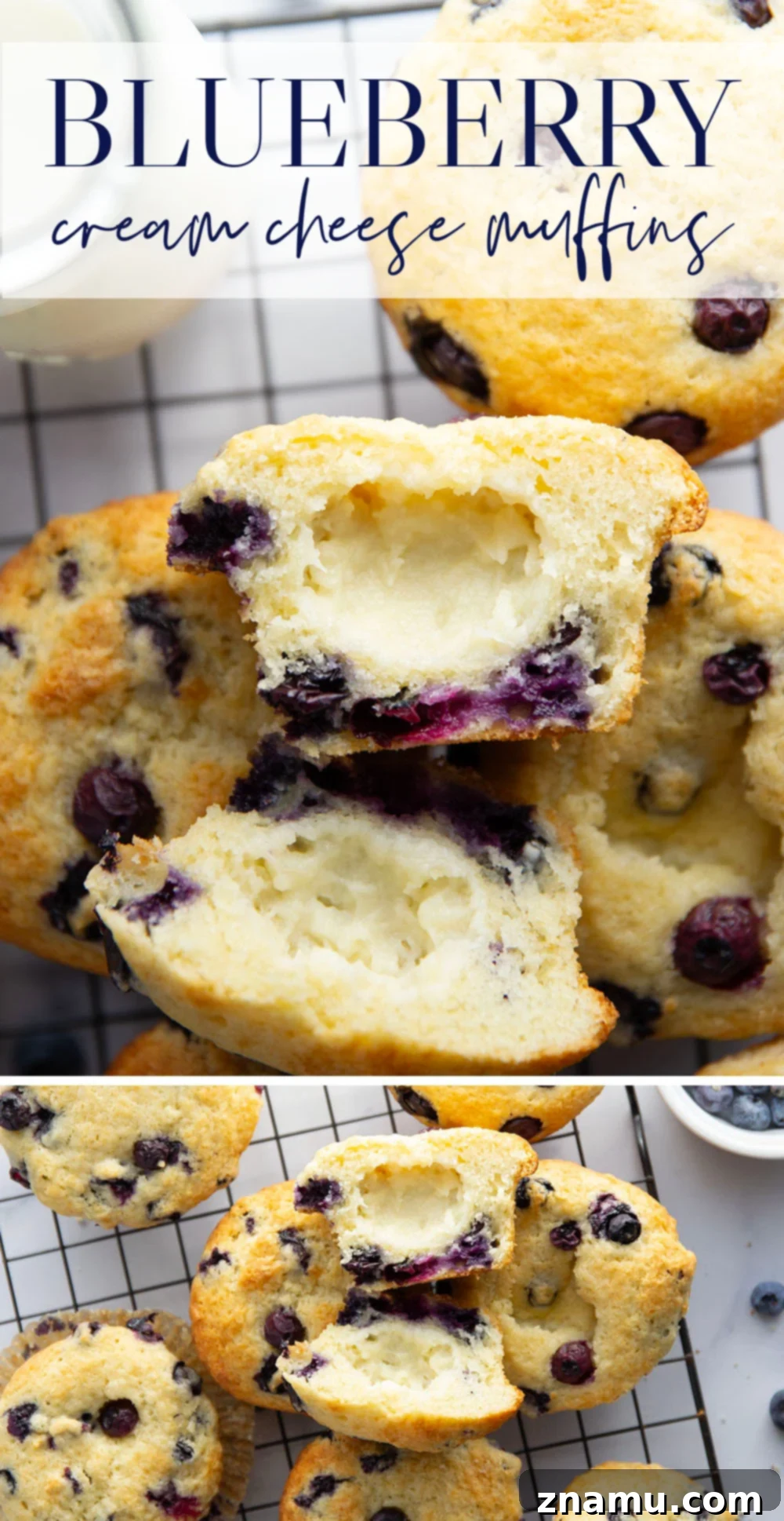 Blueberry Muffins with Cream Cheese Swirl 7 Super soft and moist blueberry cream cheese muffins with a rich cheesecake center and lots of juicy blueberries in every bite.