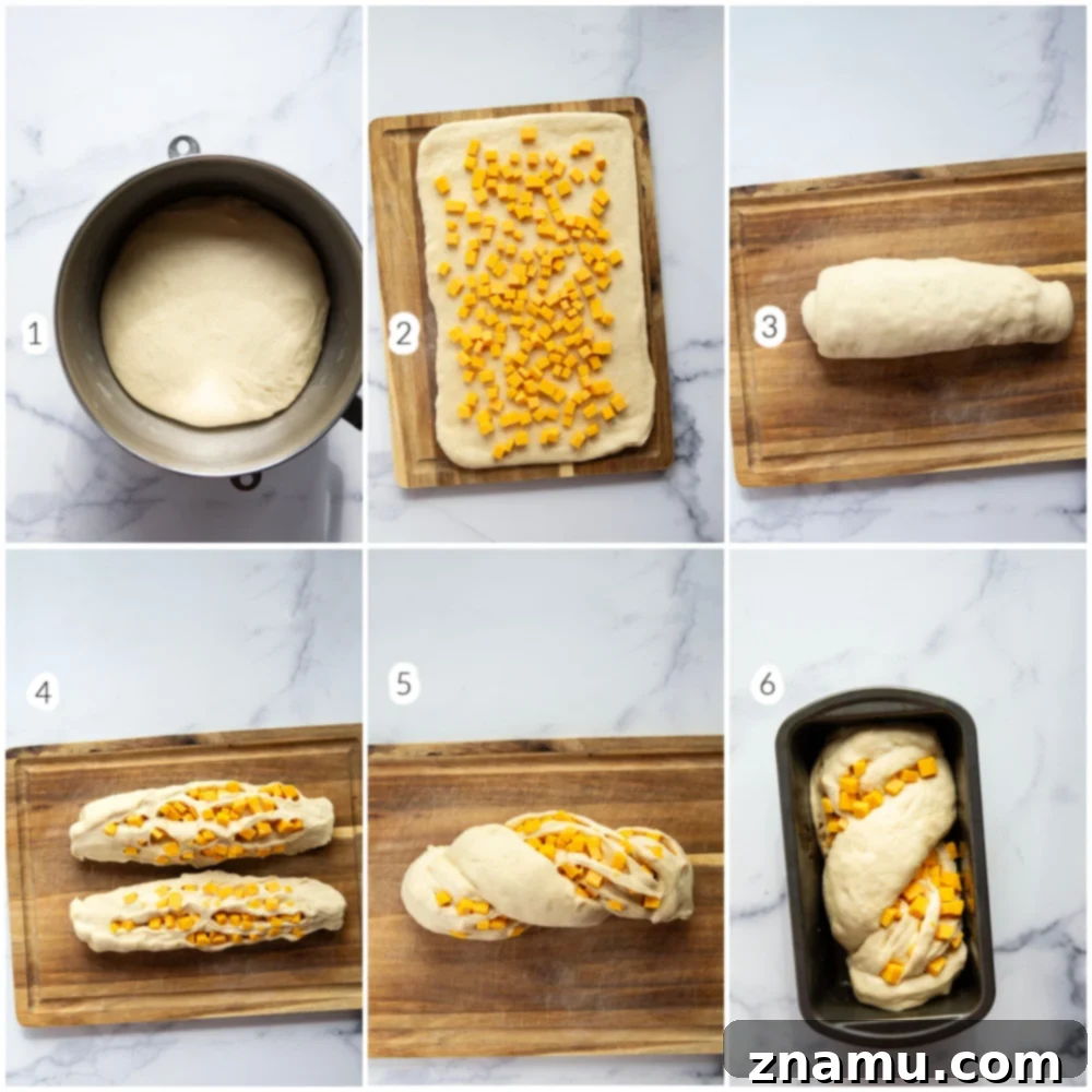 Irresistible Homemade Cheese Bread 5 A visual step-by-step tutorial showing how to roll, fill, cut, and twist the cheese bread dough to create a swirled loaf.