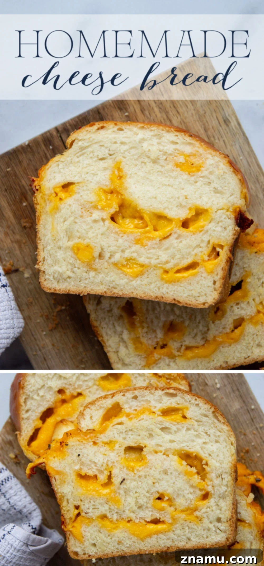 Irresistible Homemade Cheese Bread 8 An overhead shot of a cutting board with a knife and a partially sliced loaf of homemade cheese bread, with steam gently rising, suggesting it's still warm.