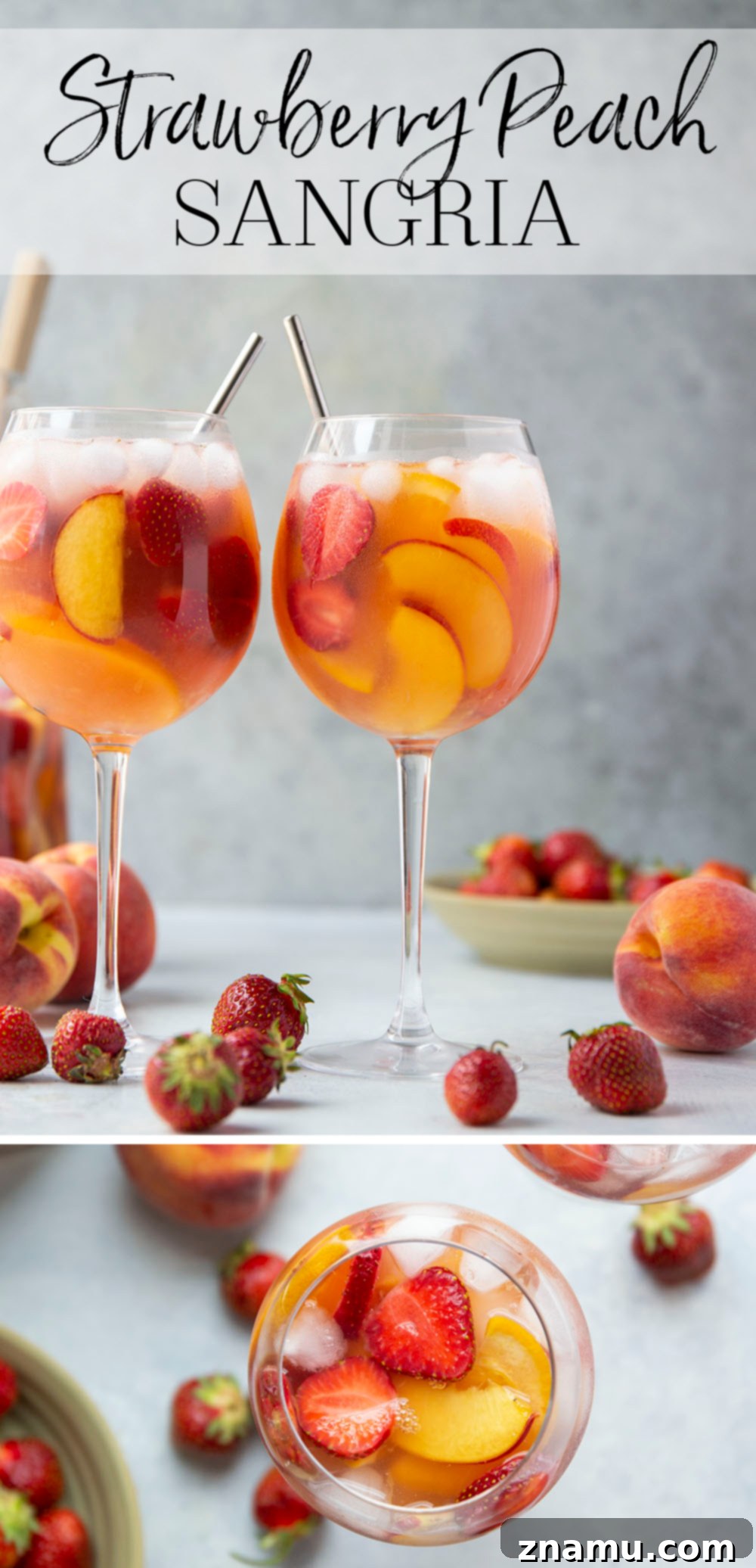 Sun-Kissed Peach Strawberry Sangria 7 An overhead shot of two glasses of Strawberry Peach Sangria next to a pitcher, with additional sliced fruit and a wooden board, creating a rustic summer vibe.