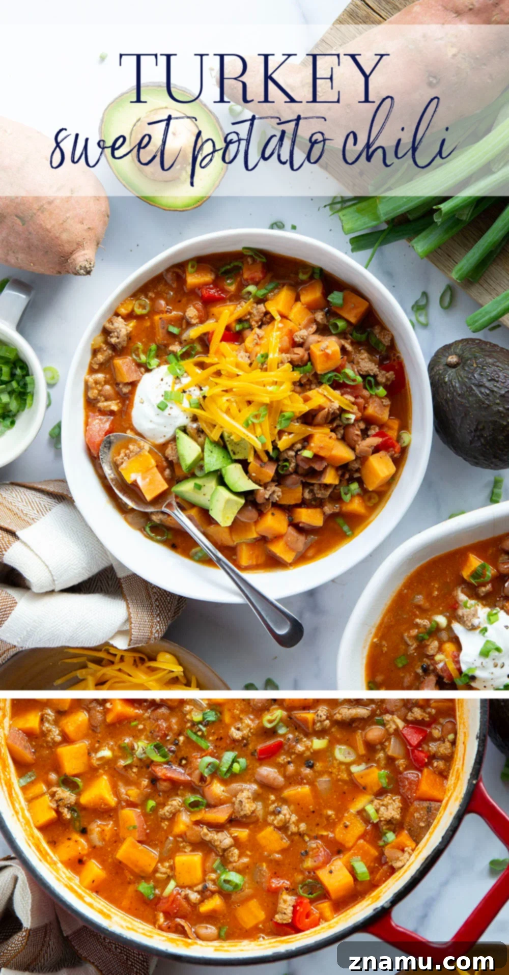 Overhead shot of a pot of Sweet Potato Turkey Chili, rich in color and texture