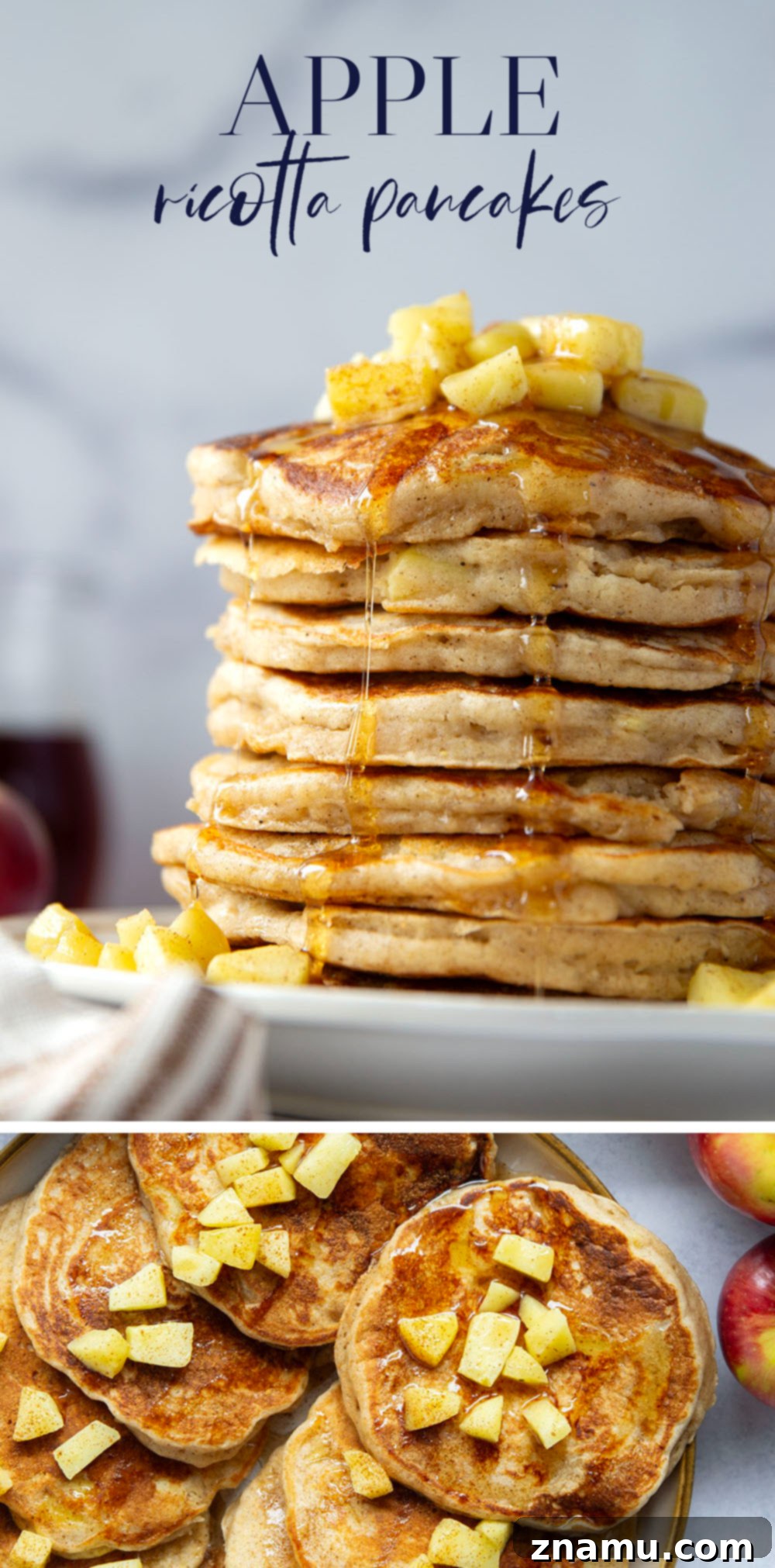 Fluffy Apple Ricotta Pancakes 7 These apple ricotta pancakes are the ultimate fall breakfast! Ricotta cheese gives them an incredible light and fluffy texture while sautéed apples and lots of spices give them the perfect touch of fall.
