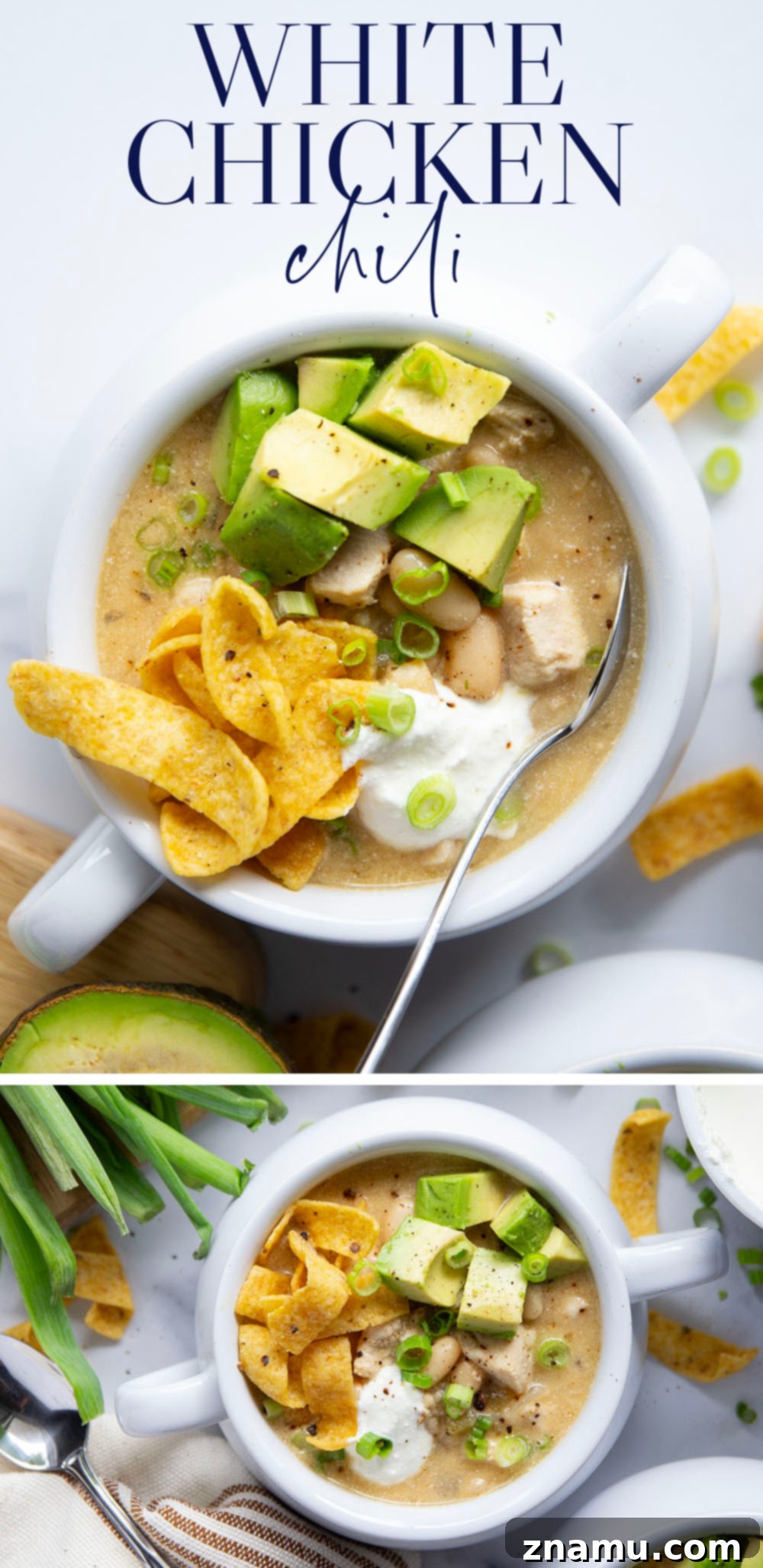 Ultimate White Chicken Chili 7 An overhead shot of a prepared bowl of white chicken chili, beautifully topped with various fresh ingredients.