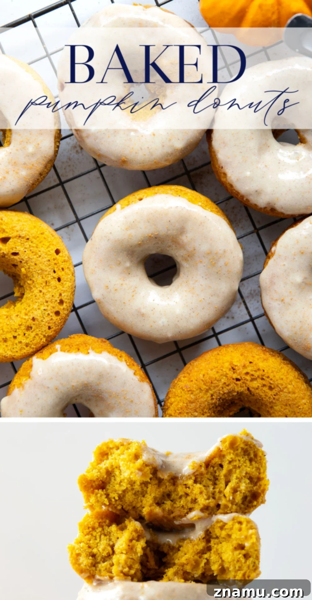 Super soft and fluffy baked pumpkin donuts are dipped in a rich cream cheese glaze and perfect for any fall occasion.