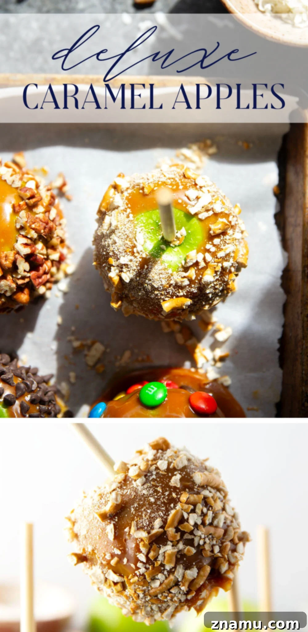 Gourmet Hand-Dipped Caramel Apples 7 Dipped in a rich homemade caramel sauce and coated in a variety of fun toppings, these homemade caramel apples truly are the deluxe version of a fall classic!