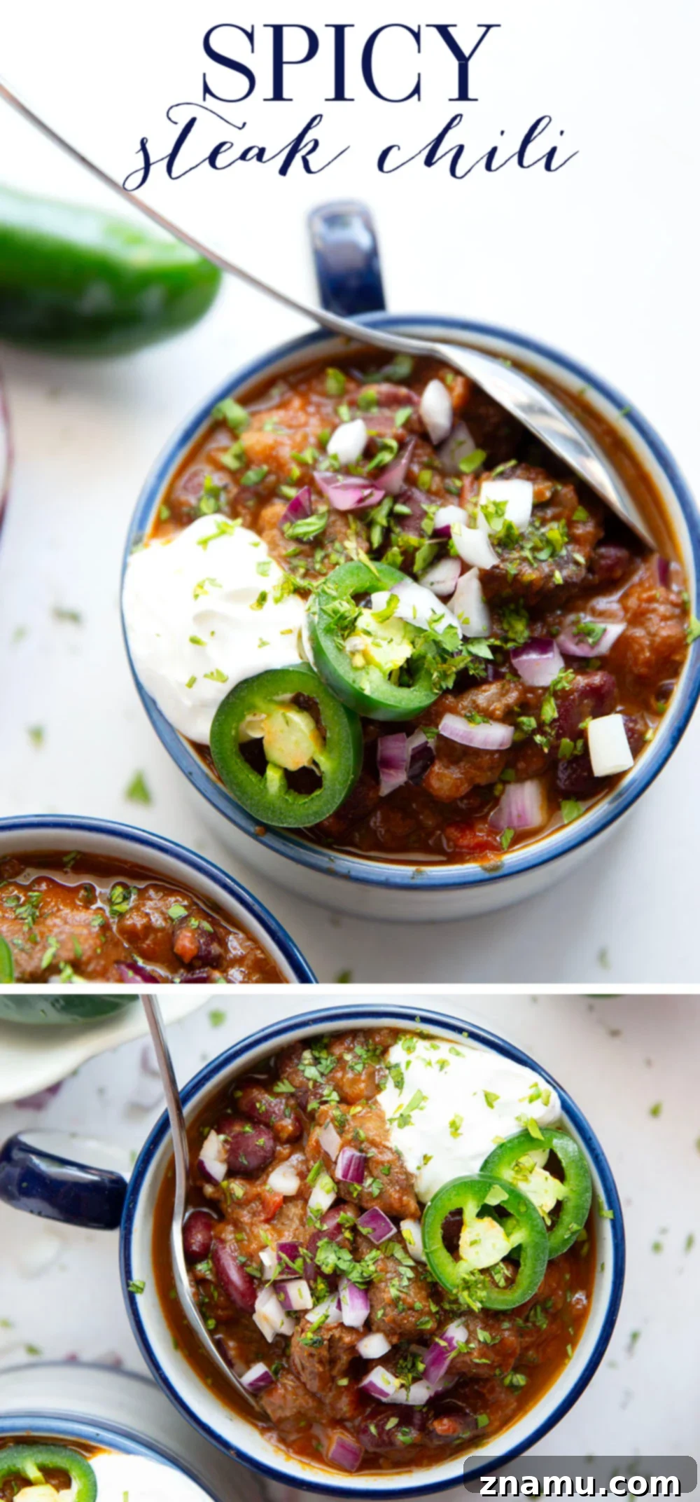 Fiery Steak Chili 7 Thick and chunky steak chili features fall-apart tender steak cubes, lots of hearty beans, and the perfect amount of zippy heat from jalapenos.