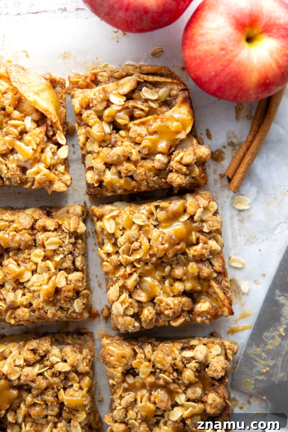 Autumn Apple Crumble Bars 5 Handheld Apple Crisp Bar, showing its rich texture and delicious layers. A perfect individual dessert.