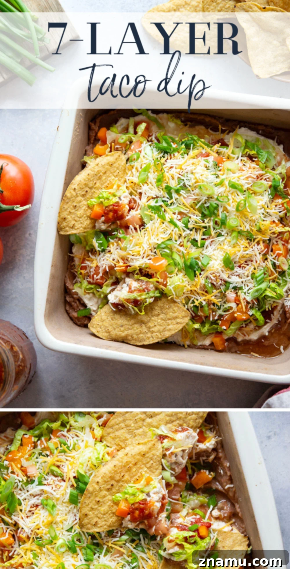 Ultimate Fiesta 7-Layer Dip 7 This 7-layer taco dip features layers upon layers of refried beans, a rich cream cheese filling, and lots of shredded lettuce, cheese, tomatoes, and peppers on top.