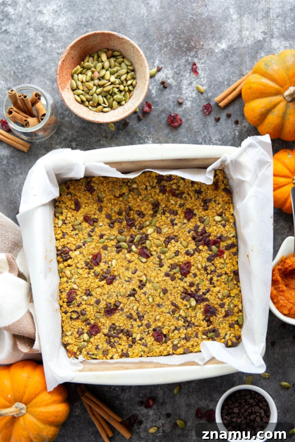 Spiced Pumpkin Oat Bars 3 Overhead shot of pumpkin granola bars arranged on a baking sheet, showcasing their golden-brown edges and a sprinkle of festive autumn spices