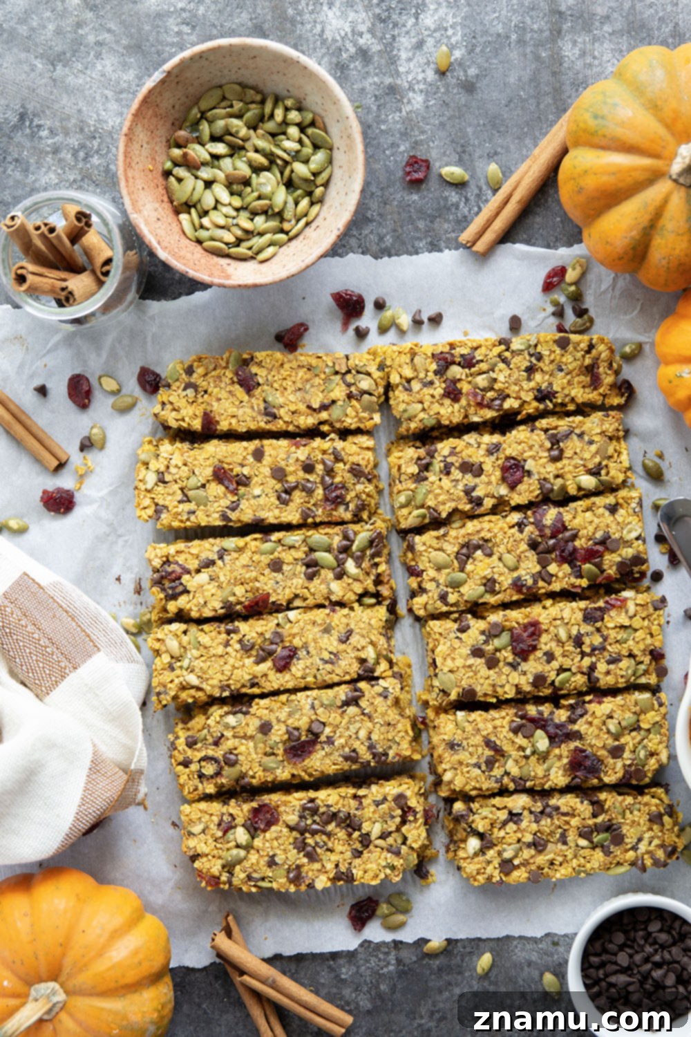 Spiced Pumpkin Oat Bars 6 A single soft and chewy pumpkin granola bar, showing its rich texture and delicious mix-ins, on a rustic background