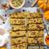 Spiced Pumpkin Oat Bars 8 These soft and chewy pumpkin granola bars are packed with gooey chocolate, crunchy pepitas, and sweet dried cranberries. A filling grab-and-go breakfast or snack!