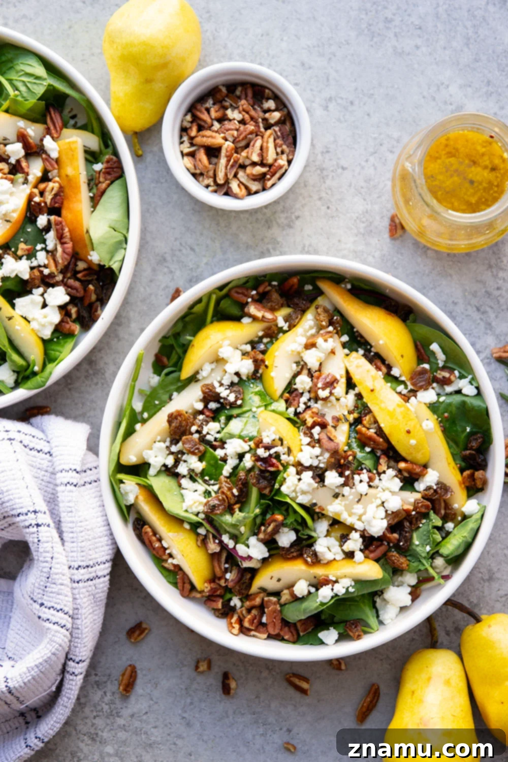 Sweet Pear and Creamy Goat Cheese Salad 4 Loaded with sweet pear slices, tangy goat cheese, and lots of toasted pecans, this pear goat cheese salad is the perfect fall salad!