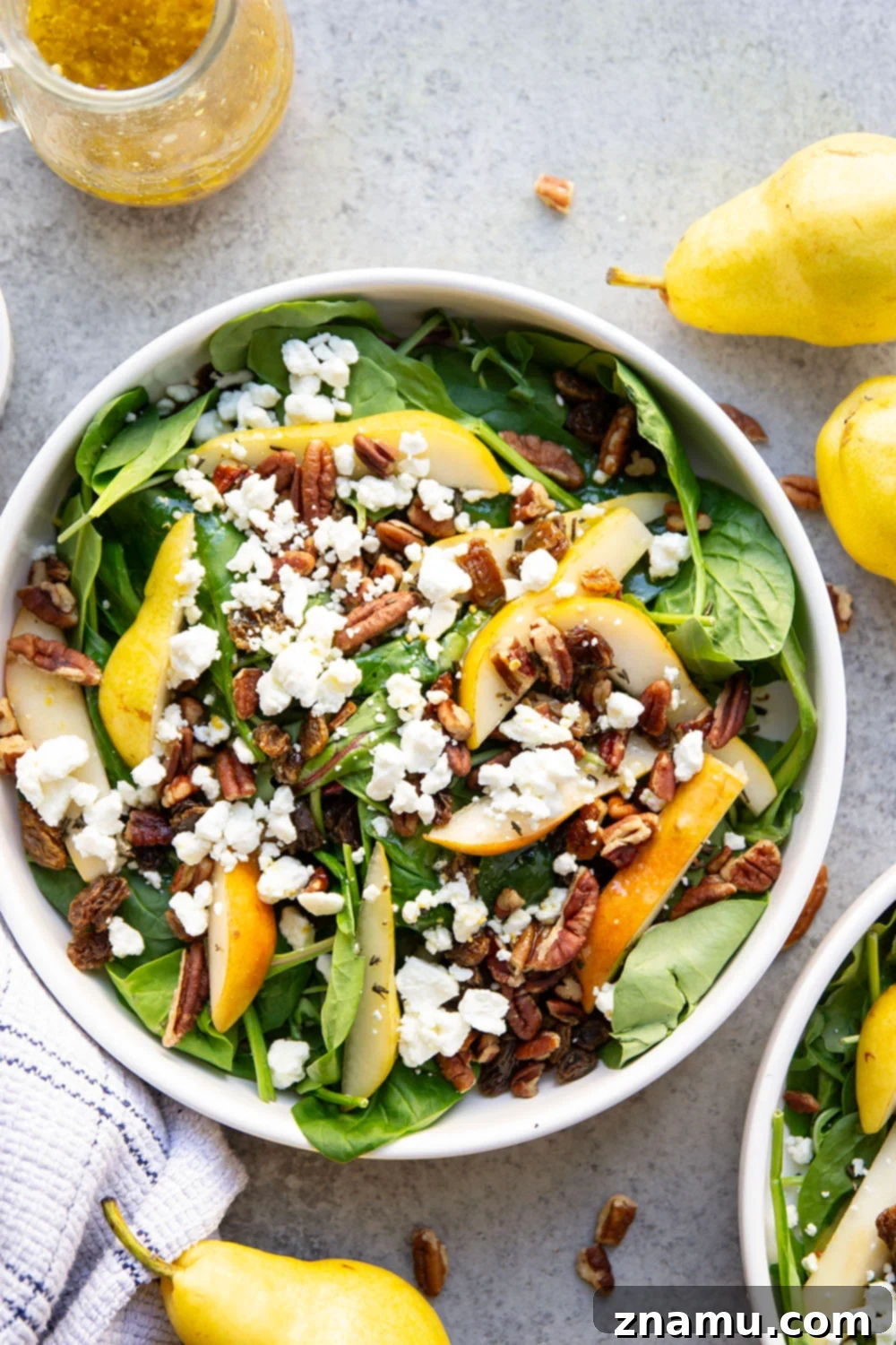 Sweet Pear and Creamy Goat Cheese Salad 5 Loaded with sweet pear slices, tangy goat cheese, and lots of toasted pecans, this pear goat cheese salad is the perfect fall salad!