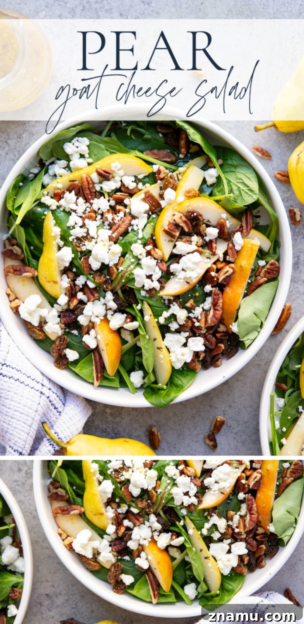 Sweet Pear and Creamy Goat Cheese Salad 7 Loaded with sweet pear slices, tangy goat cheese, and lots of toasted pecans, this pear goat cheese salad is the perfect fall salad!