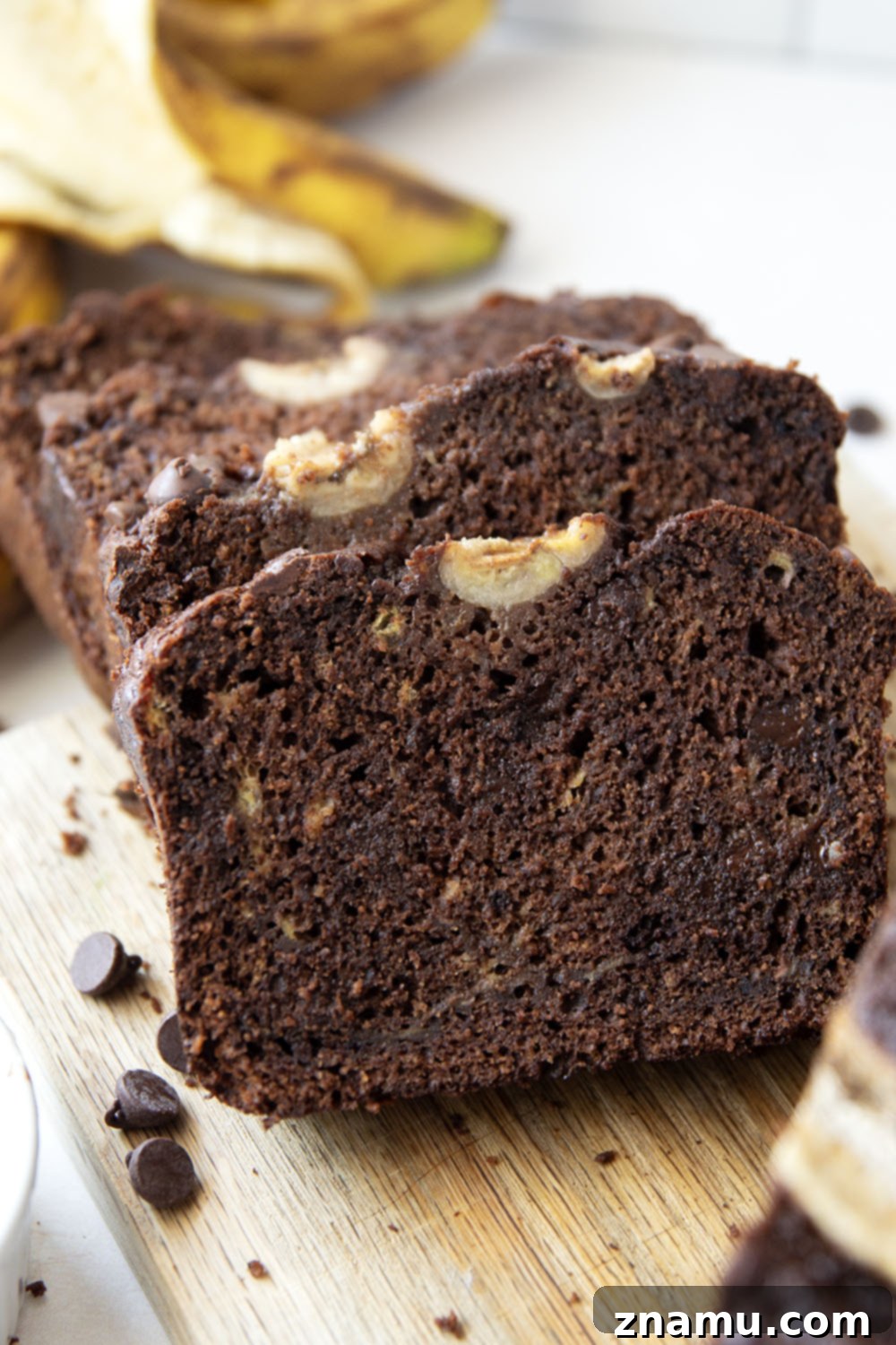 Decadent Double Chocolate Banana Bread 4 Another perspective of a freshly baked double chocolate banana bread loaf, golden brown and enticing.
