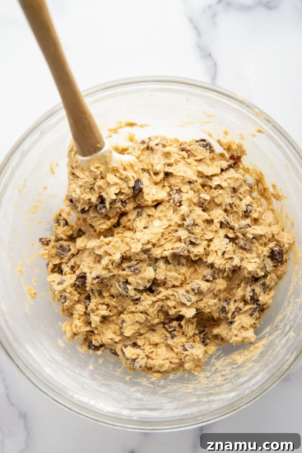 Soft & Chewy Oatmeal Raisin Bliss 3 Close-up of a soft and chewy oatmeal raisin cookie, highlighting its perfect texture and abundant raisins.