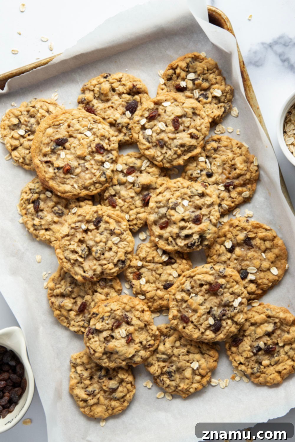 Soft & Chewy Oatmeal Raisin Bliss 4 Freshly baked oatmeal raisin cookies cooling on a wire rack, showcasing their golden brown edges.