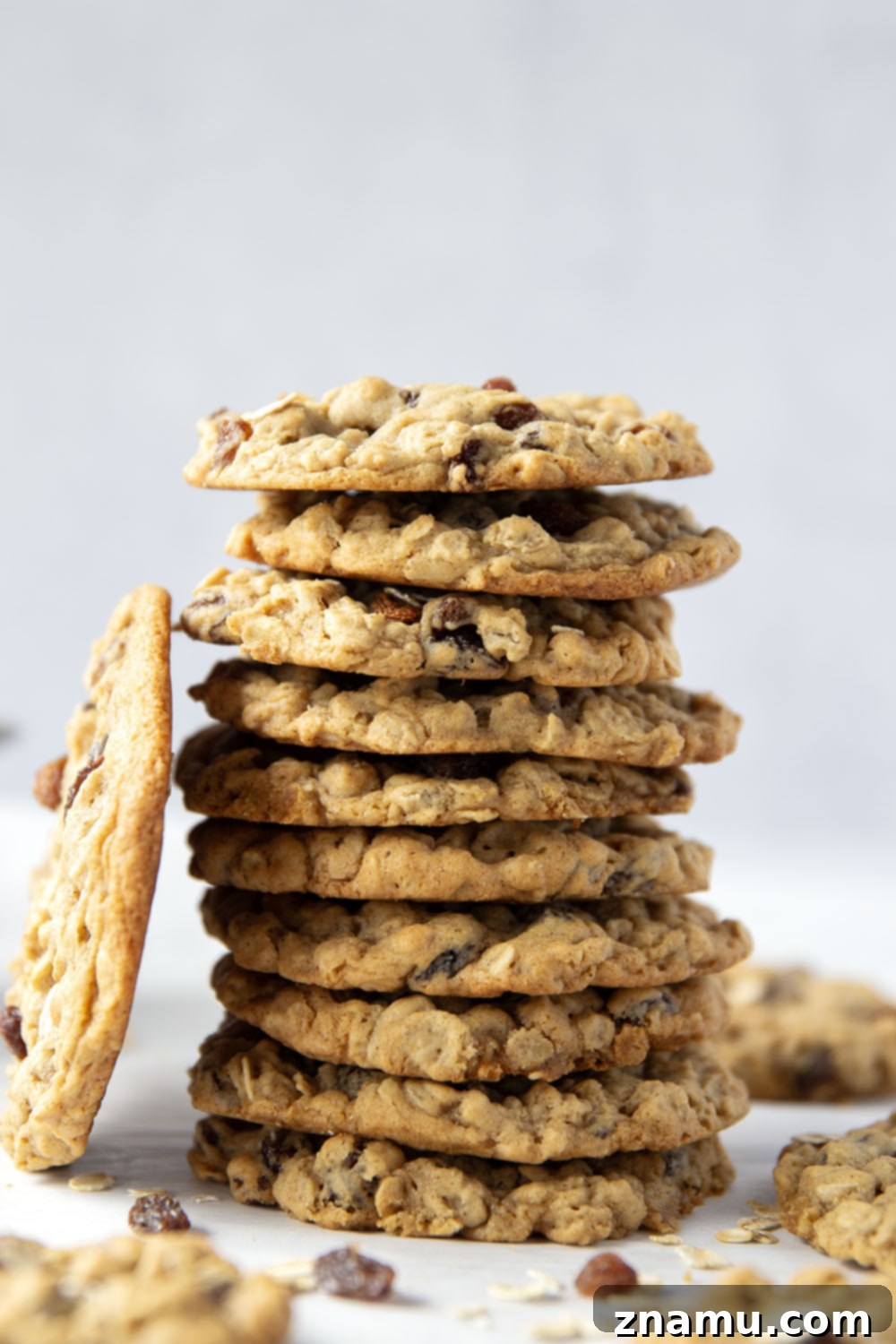 Soft & Chewy Oatmeal Raisin Bliss 5 Ingredients for oatmeal raisin cookies laid out on a kitchen counter, ready for baking.