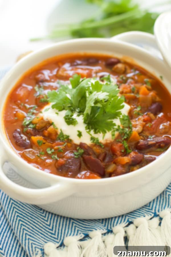 Extra-Lean Turkey Chili with Carrots and Turnips 7 Close-up of Extra-lean Turkey Chili with Carrots and Turnips being garnished