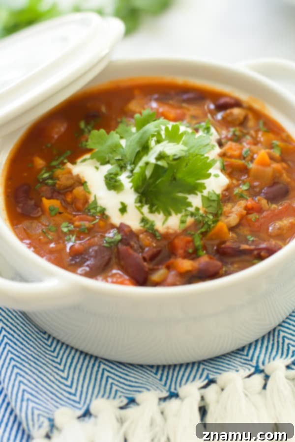 Extra-Lean Turkey Chili with Carrots and Turnips 8 Bowl of Extra-lean Turkey Chili with Carrots and Turnips ready to eat