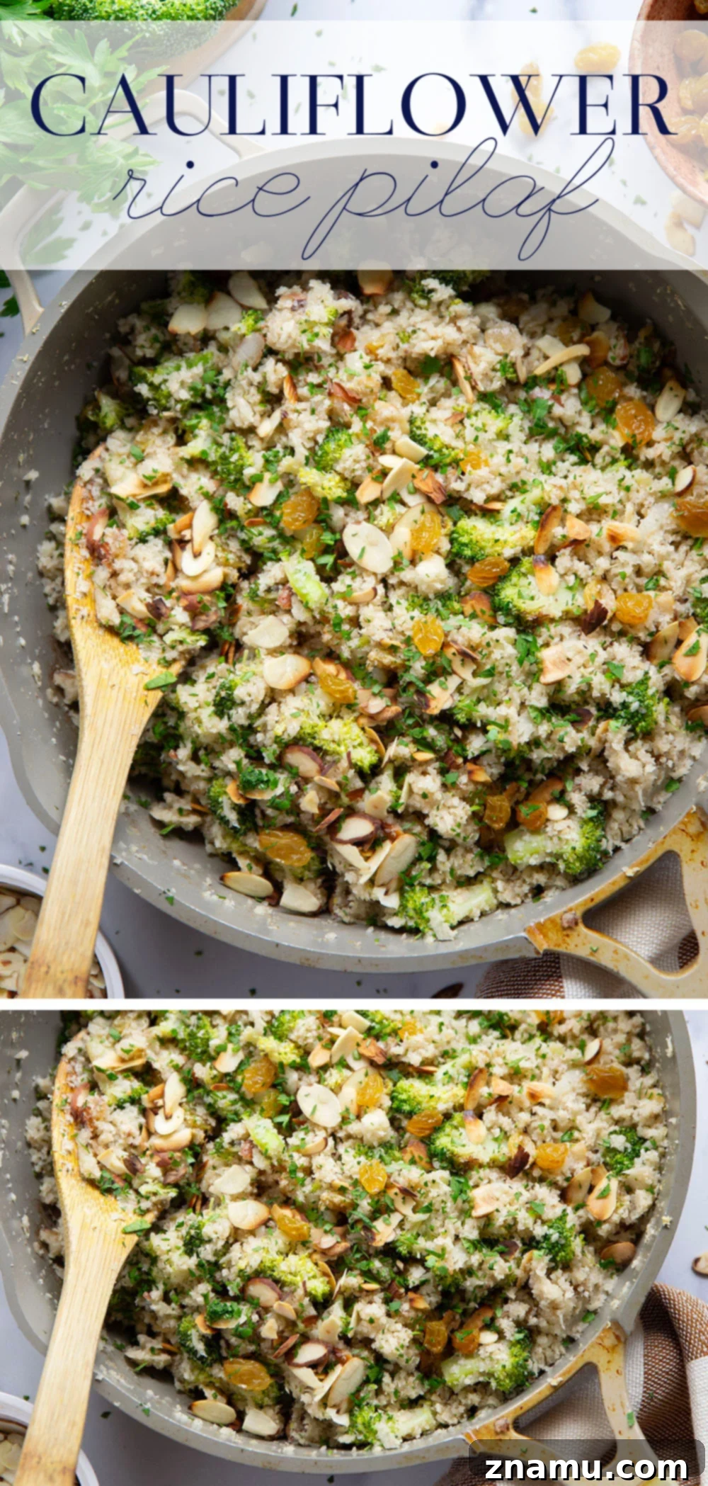 Flavorful Cauliflower Rice Pilaf 7 Overhead shot of Cauliflower Rice Pilaf in a stylish serving dish, with key ingredients like fresh broccoli, almonds, and raisins scattered around, emphasizing its wholesome nature.