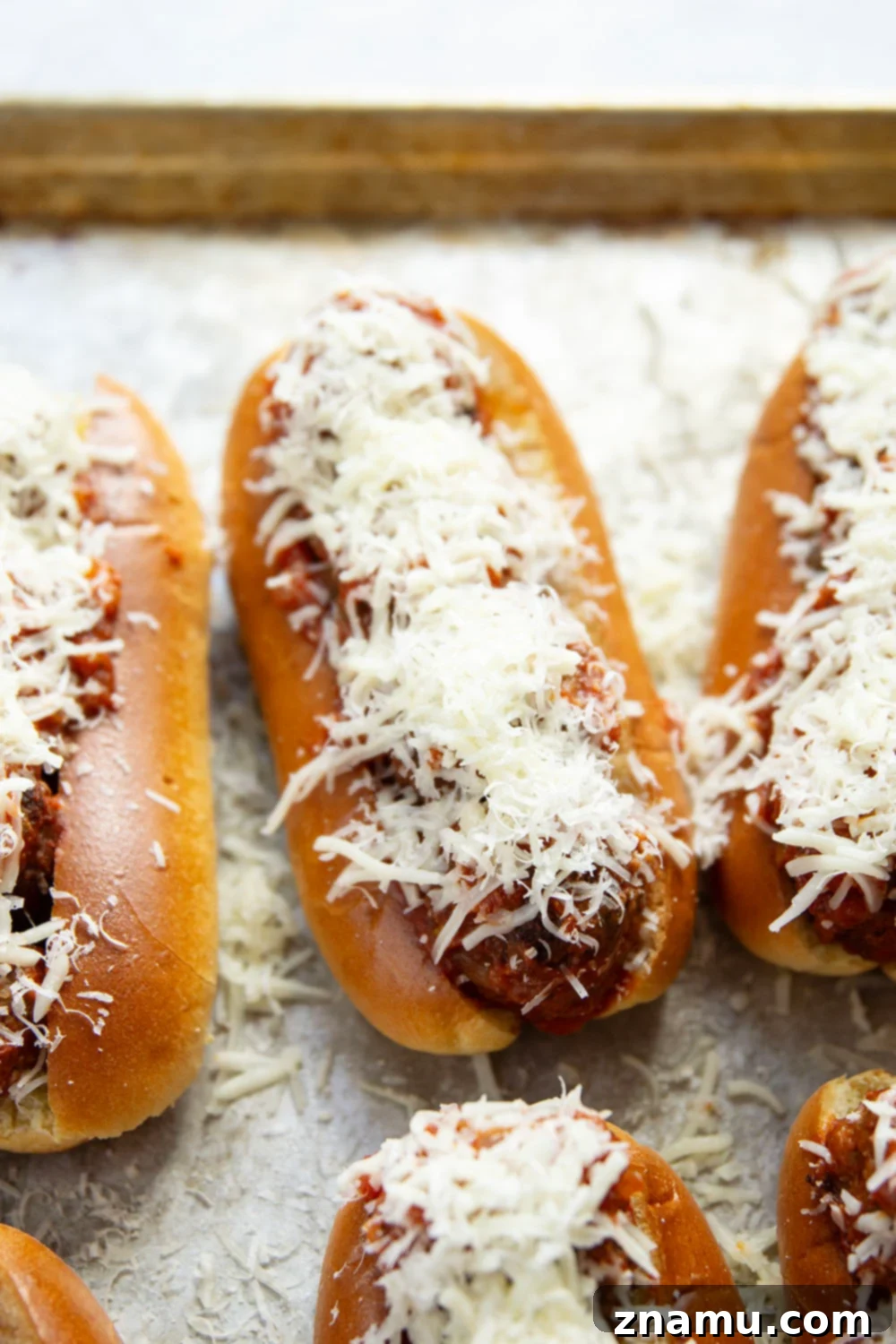 Mouthwatering Italian Meatball Subs 3 Juicy meatballs are simmered in flavorful marinara sauce and baked with two kinds of cheese on top in these easy Italian meatball subs!