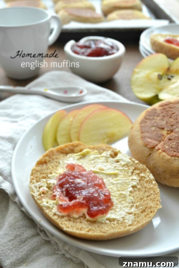 Perfect Homemade English Muffins 2 Freshly baked homemade English muffins cooling on a wire rack, ready for breakfast