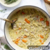 A small image of creamy chicken noodle soup for the recipe card.