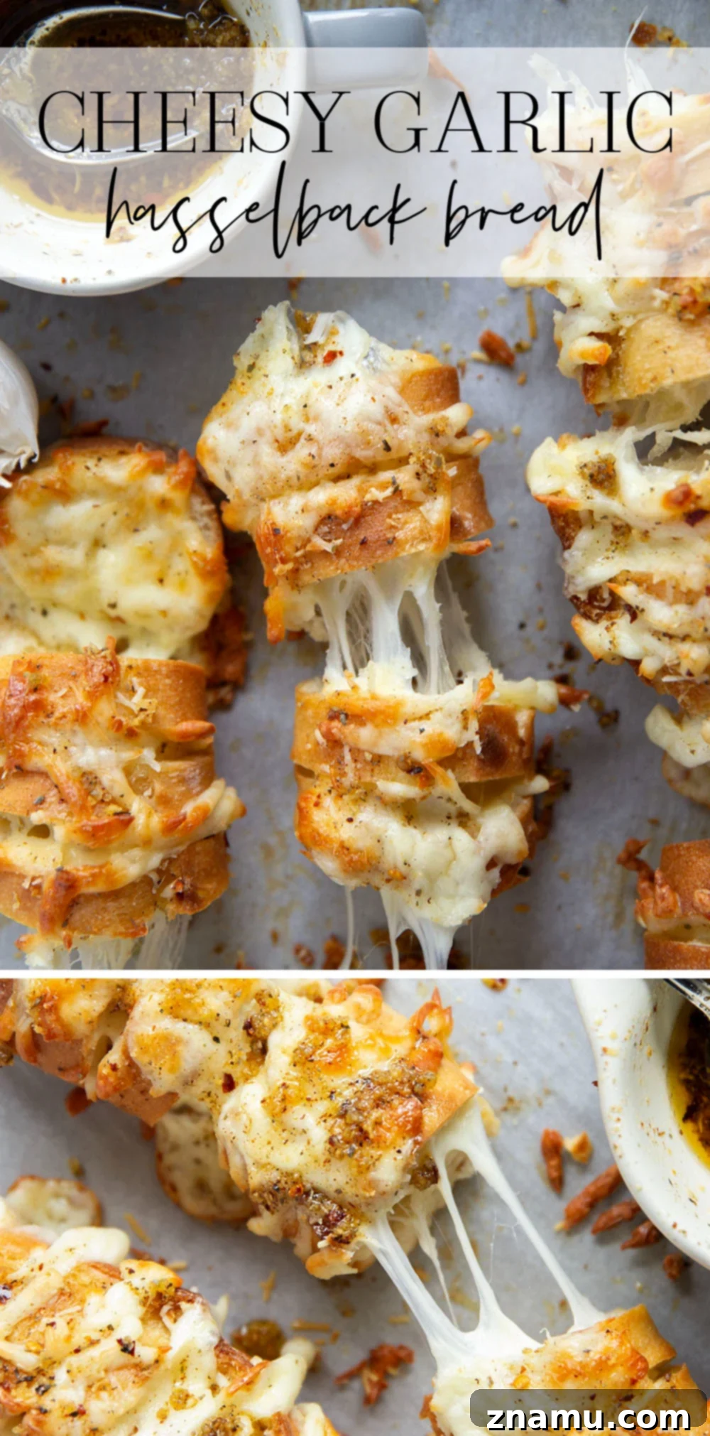Cheesy Garlic Pull-Apart Bread 7 This cheesy garlic hasselback bread is baked with gooey mozzarella and Parmesan between slices and brushed in a garlicky herb butter.