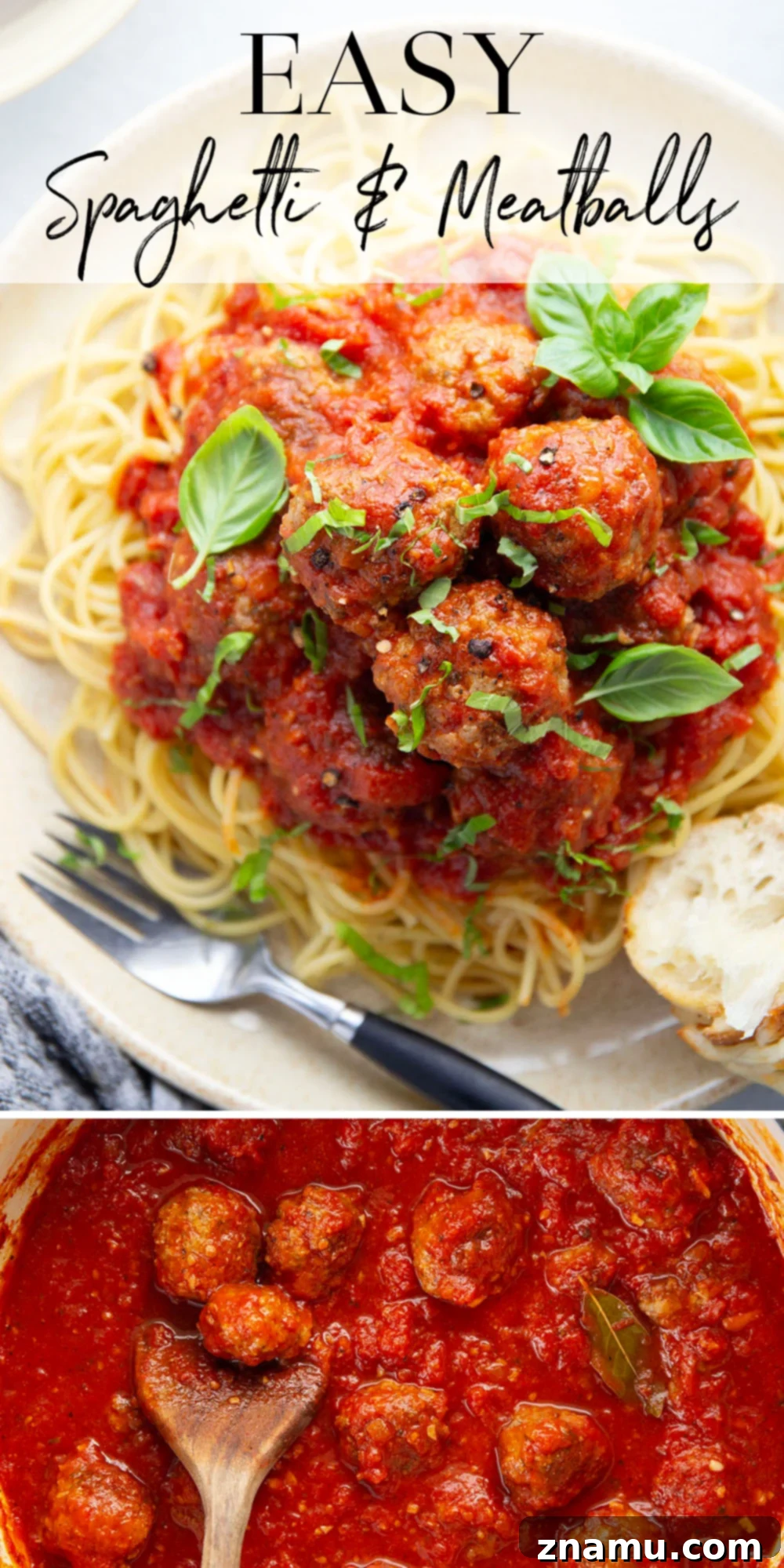 Simply Delicious Spaghetti and Meatballs 7 Overhead shot of a full bowl of easy spaghetti and meatballs, garnished with basil