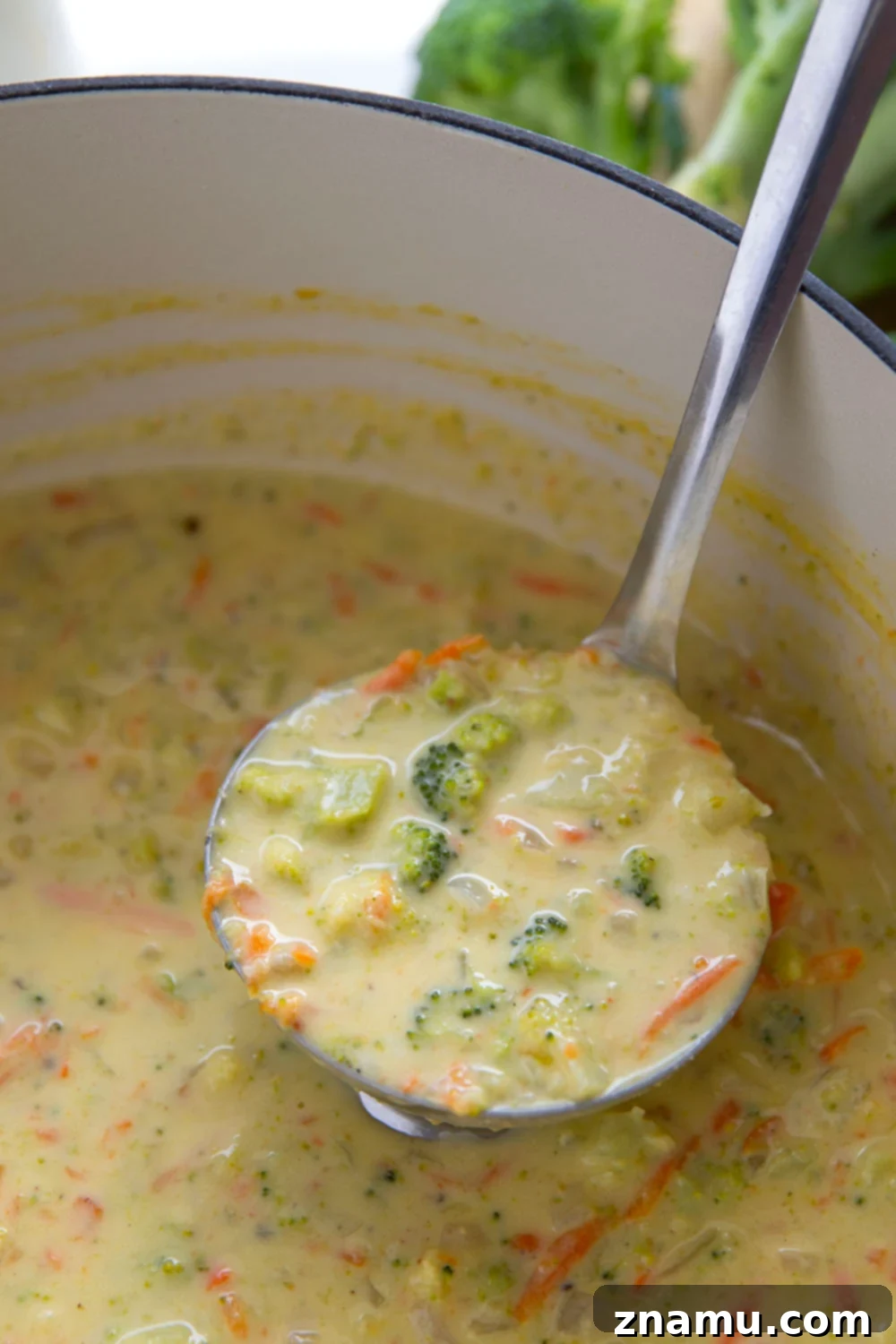 Quick and Creamy Broccoli Cheddar Soup 5 Various fresh ingredients laid out on a cutting board: unsalted butter, yellow onion, garlic, broccoli florets, and shredded carrots, preparing for broccoli cheddar soup.