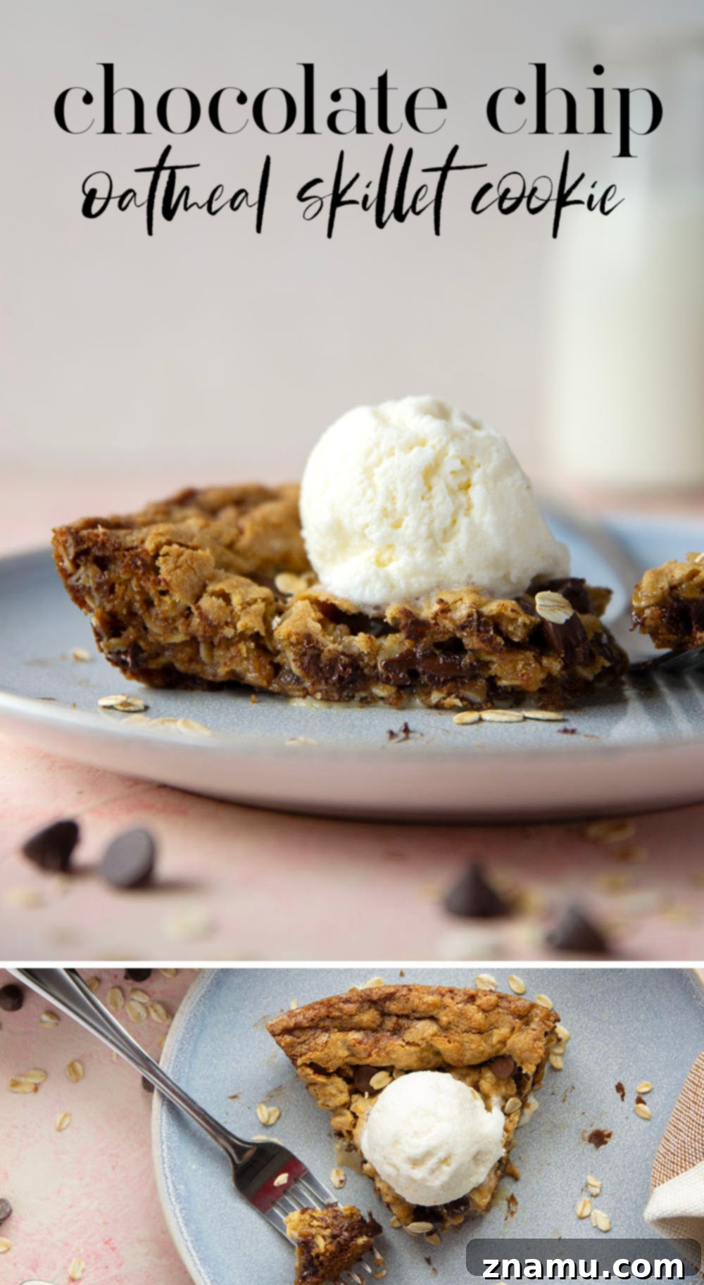Warm Skillet Chocolate Oat Treat 7 A final shot of the fully prepared chocolate chip oatmeal skillet cookie, showcasing its enticing texture and golden-brown crust.