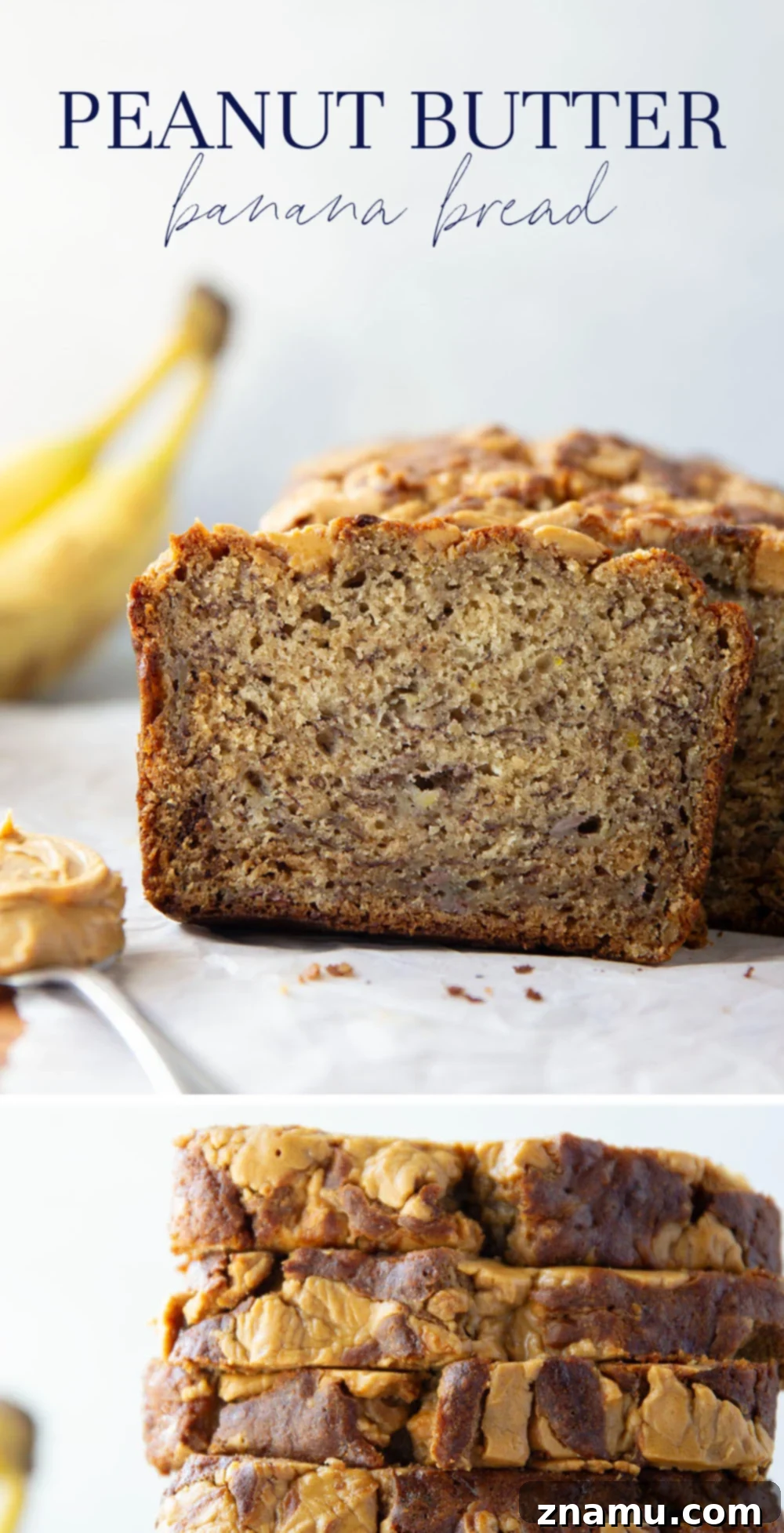 Nutty Banana Bread Bliss 7 Multiple slices of the delightful peanut butter banana bread artfully arranged, showcasing the perfect texture and delicious swirls.
