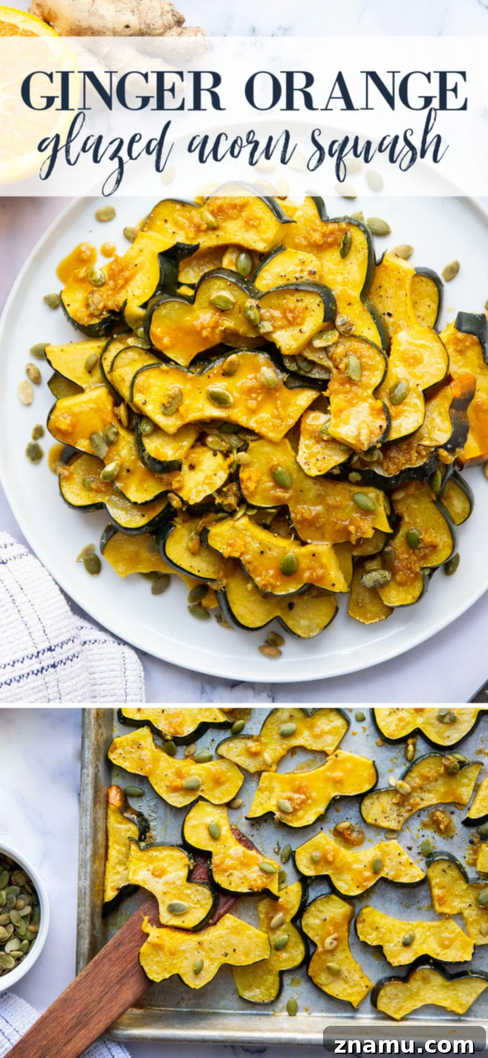 Sticky Ginger Orange Acorn Squash 7 Roasted until perfectly tender and drizzled with a flavorful fresh ginger orange glaze, this orange glazed acorn squash is the perfect fall side dish and so easy to pull together!