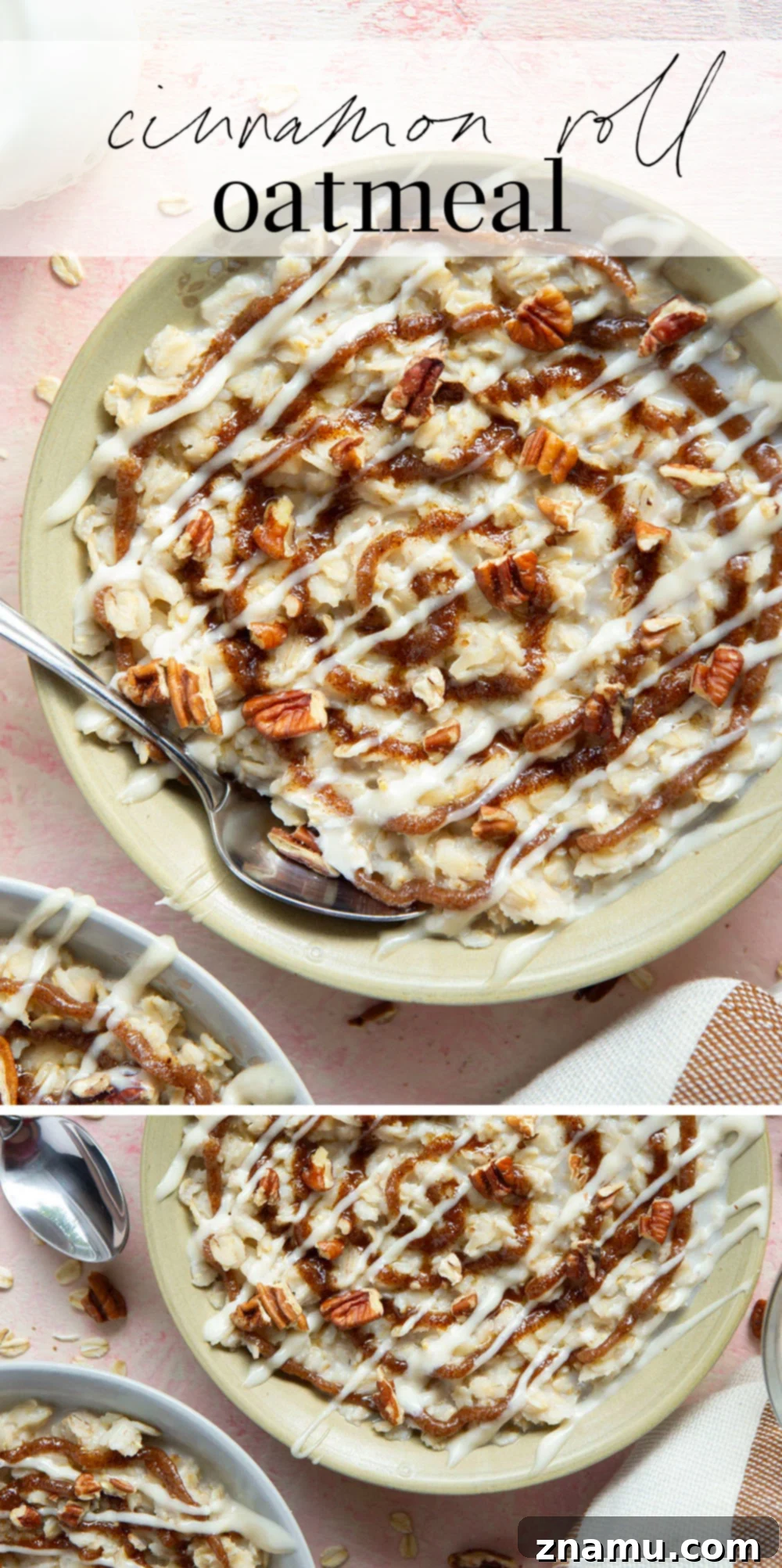 Sweet Cinnamon Swirl Oatmeal 7 This cinnamon roll oatmeal has a luscious swirl of cinnamon sugar glaze and is generously topped with a sweet cream cheese glaze. Your morning oatmeal will never be boring again!