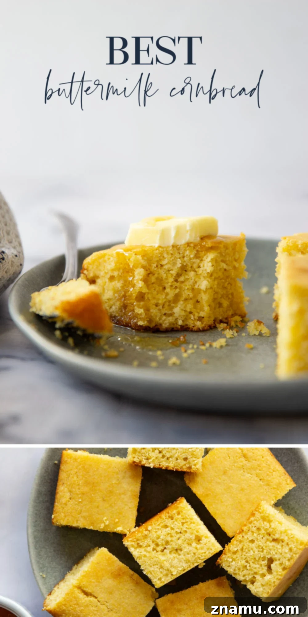 Golden Buttermilk Cornbread 7 An overhead shot of several squares of buttermilk cornbread, some with butter and honey, in a cast iron skillet.