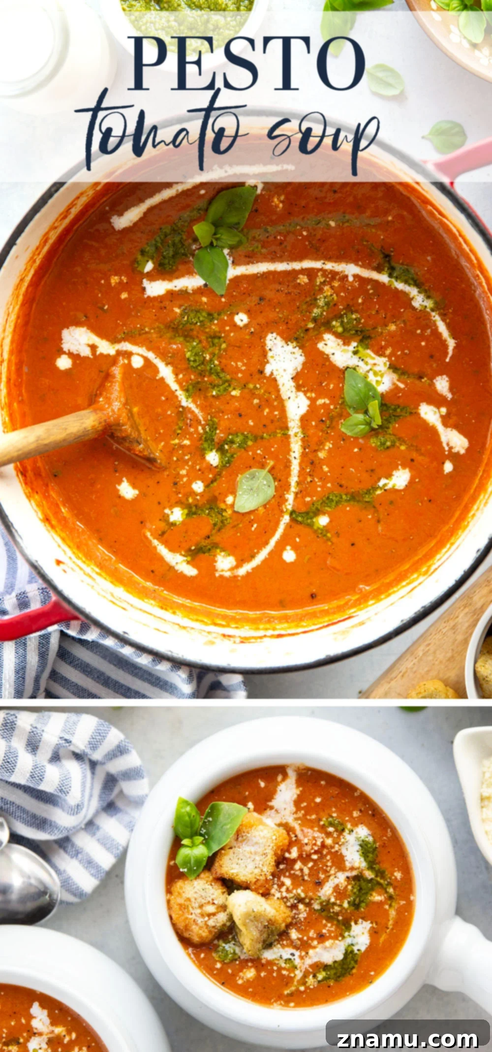 Vibrant Pesto Tomato Soup 7 Swirled with fresh basil pesto, this creamy pesto tomato soup is made completely from scratch and the ultimate grilled cheese sidekick!