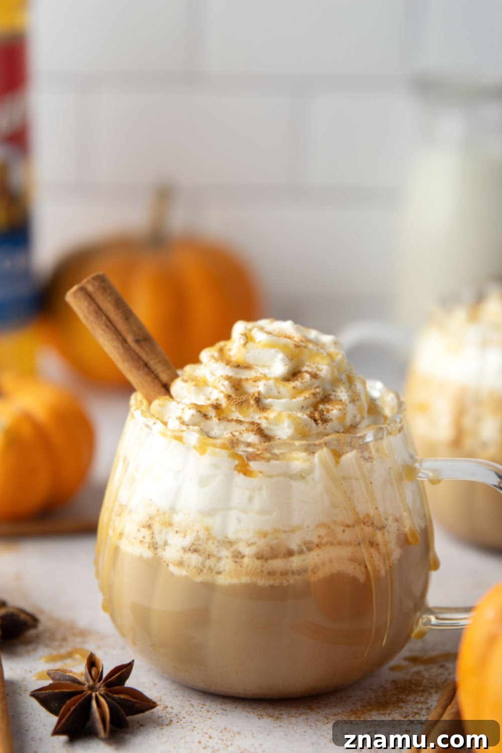Golden Pumpkin Swirl Latte 5 A selection of ingredients for making a homemade Caramel Pumpkin Spice Latte, including milk, pumpkin puree, spices, and caramel syrup.