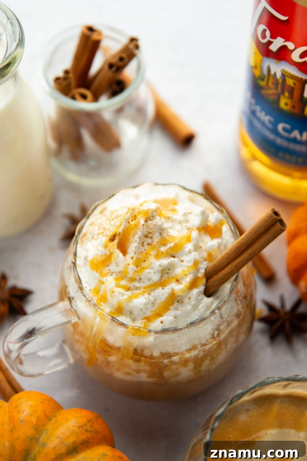 Golden Pumpkin Swirl Latte 6 A beautifully presented Caramel Pumpkin Spice Latte ready to be enjoyed, garnished with whipped cream and spices.