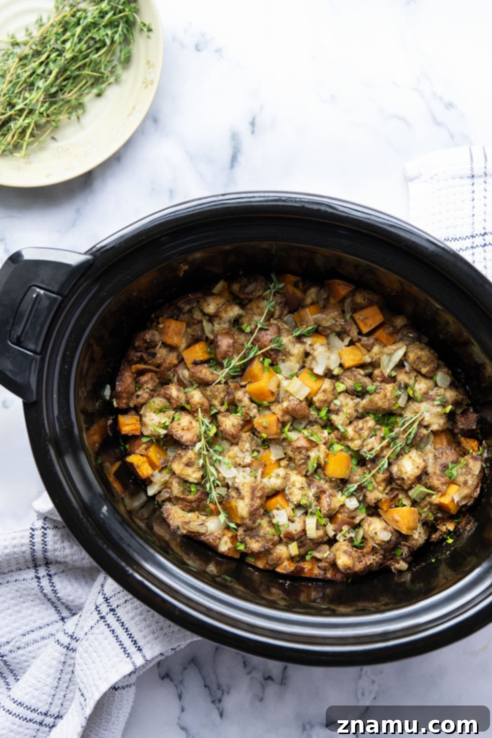 Autumn's Slow-Cooked Sweet Potato Stuffing 4 Ingredients for slow cooker sweet potato stuffing prepped and ready.