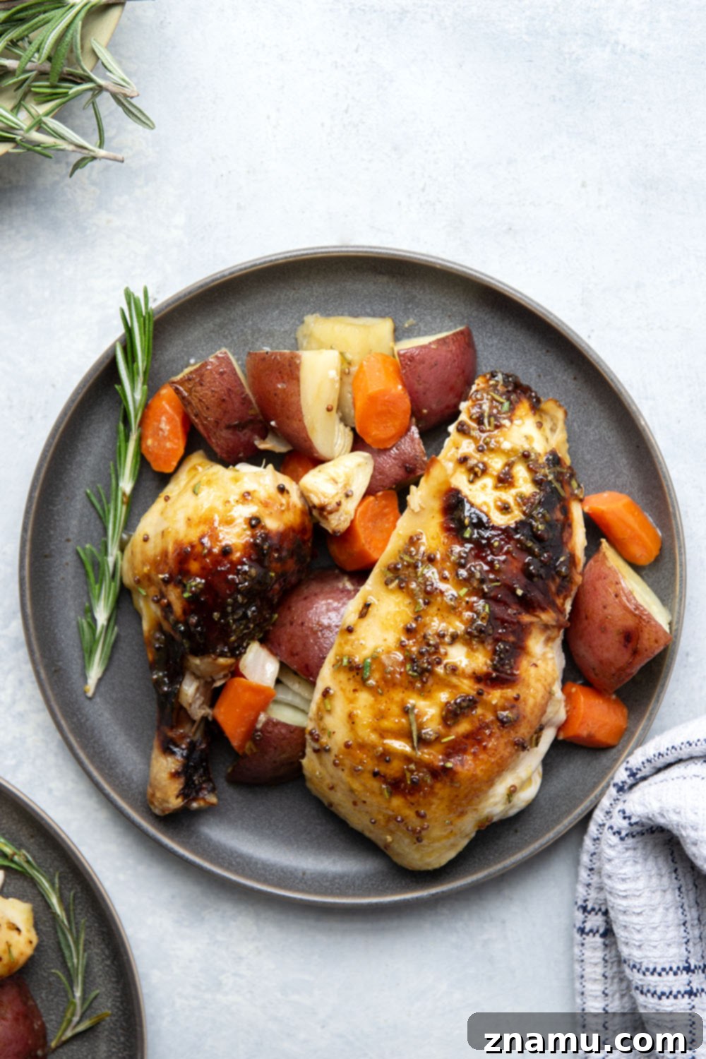 Overhead shot of a full platter of honey mustard roast chicken and roasted vegetables, ready for serving.