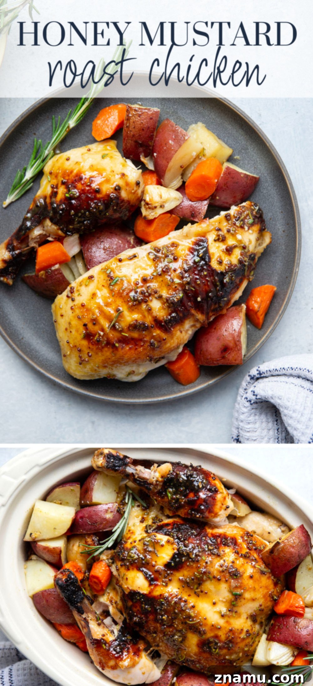 Serving board with a carved honey mustard roast chicken, potatoes, and carrots, ready to be enjoyed.