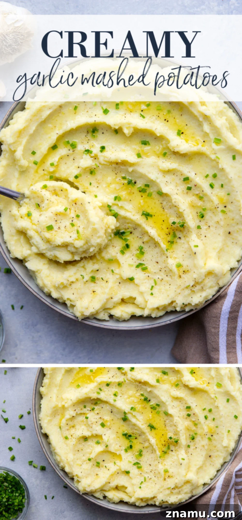 Velvety Garlic Mashed Potatoes 7 Overhead shot of creamy garlic mashed potatoes in a serving dish, with a spoonful removed.