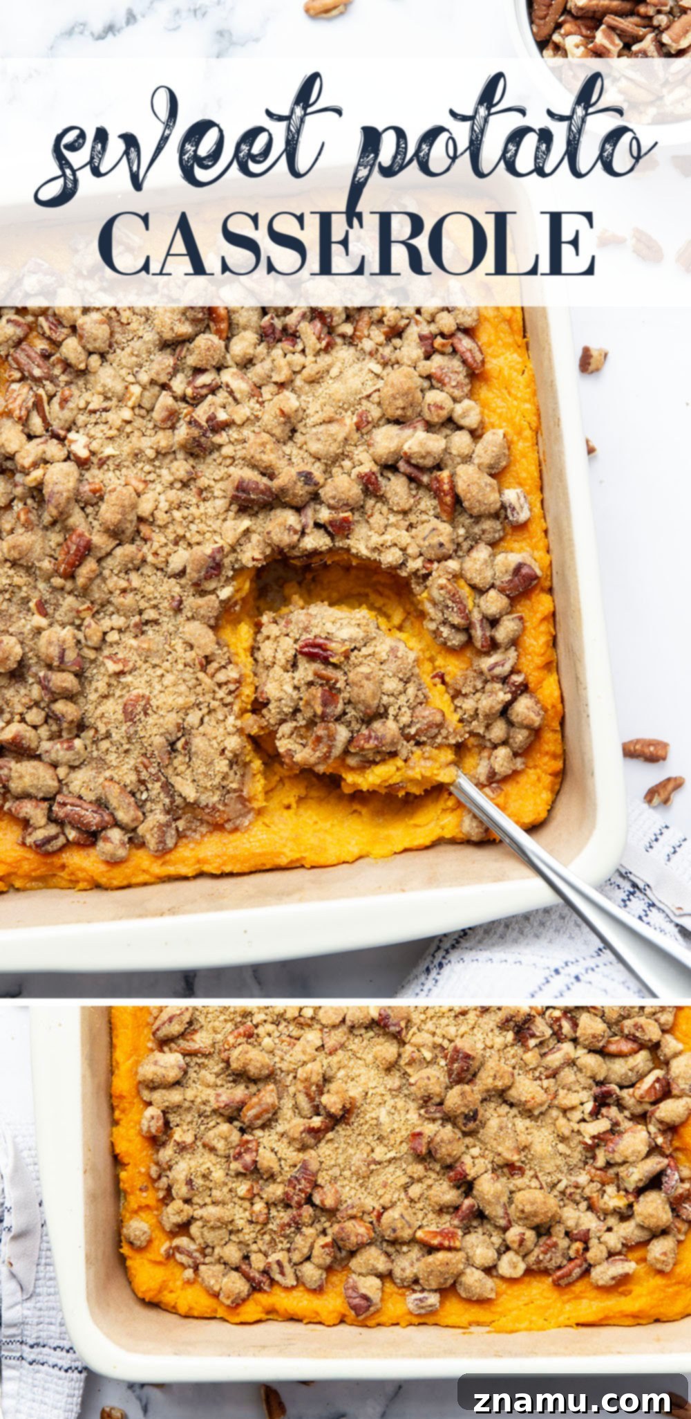 Velvety Sweet Potato Bake with Crunchy Pecan Topping 7 Full spread of a holiday meal featuring the sweet potato casserole with pecan streusel as a centerpiece.