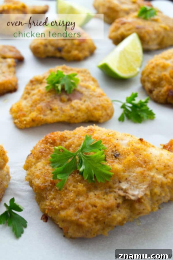 Golden Crispy Oven Chicken Tenders 2 Golden brown and incredibly crispy oven-baked chicken tenders on a baking sheet.